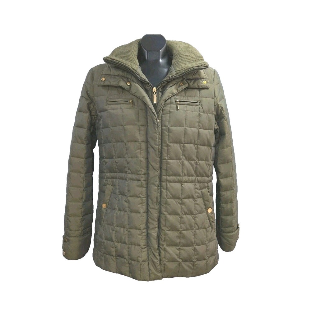 Talbots Coat Down Puffer Jacket Green Women Sz Medium Zip Snap Quilted Vintage